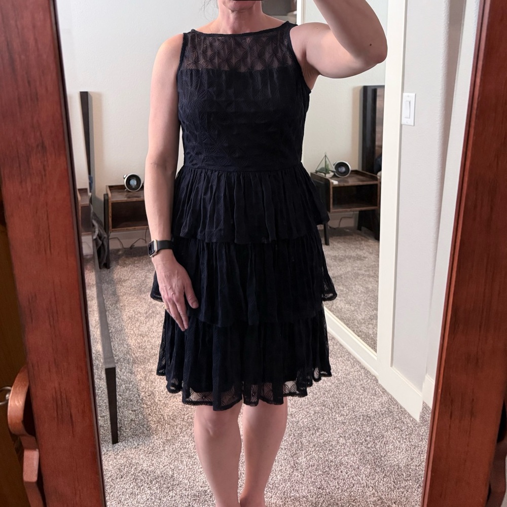 London Times Midnight Blue Dress. Tiered lace ruffles. Size 10